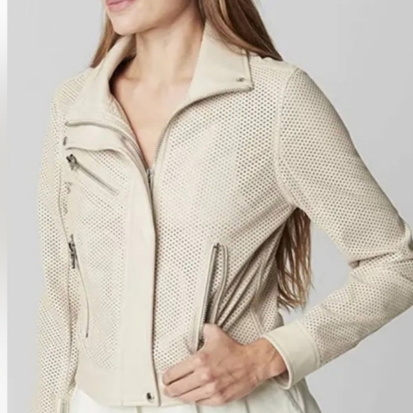 Blank NYC Jackets & Blazers - BLANK NYC Anthropologie Cream Laser Cut Faux Leather Boho Moto Bikercore Jacket